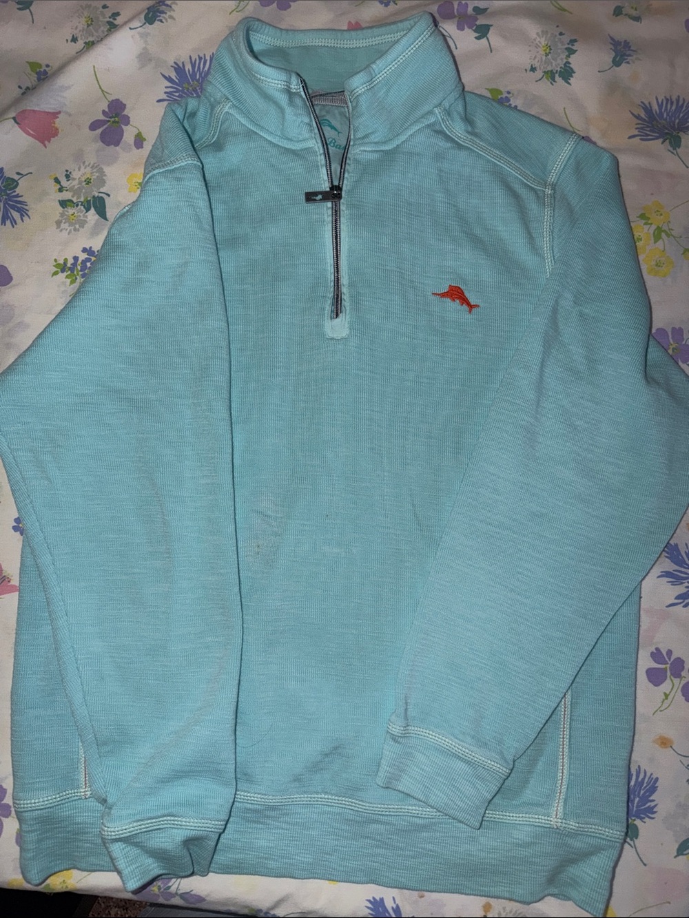 Tommy Bahama Men's Light Aqua Quarter-Zip Sweater with Orange Dolphin Logo